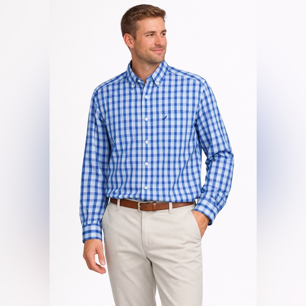 Nautica Men’s Button Down Shirt L Blue White Plaid 100% Cotton